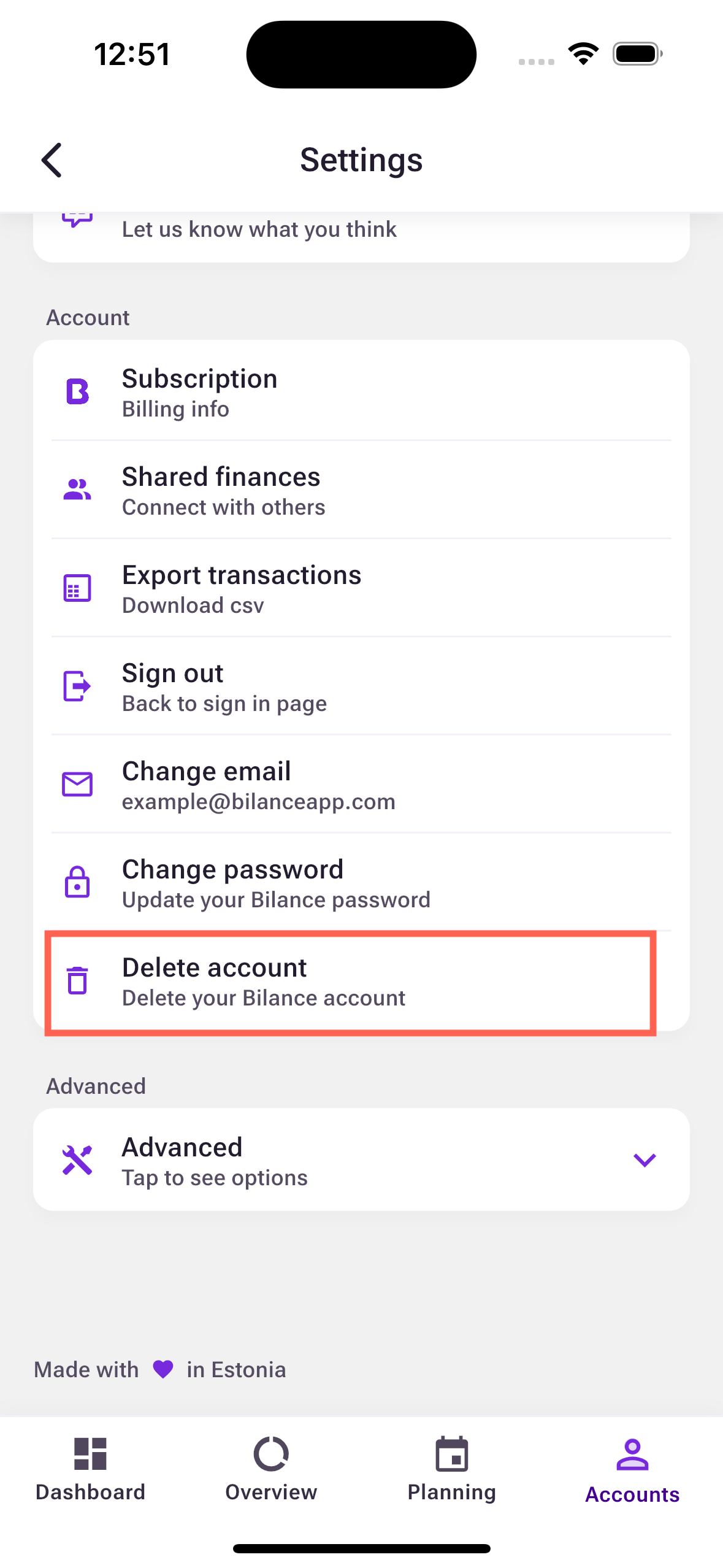 Bilance app screenshot