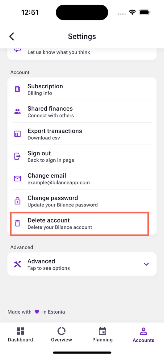 Bilance app screenshot