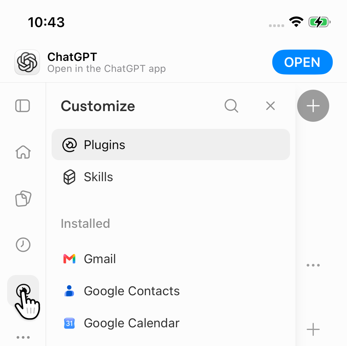 The chatgpt.com sidebar with a hand tapping the plug icon for Plugins.