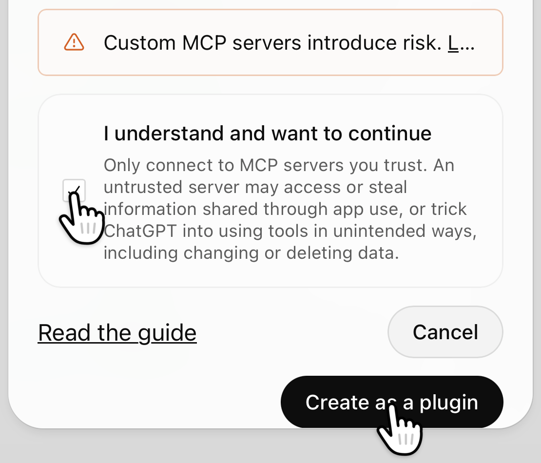 The bottom of the form: hands point to the ticked I understand and want to continue and to Create as a plugin.