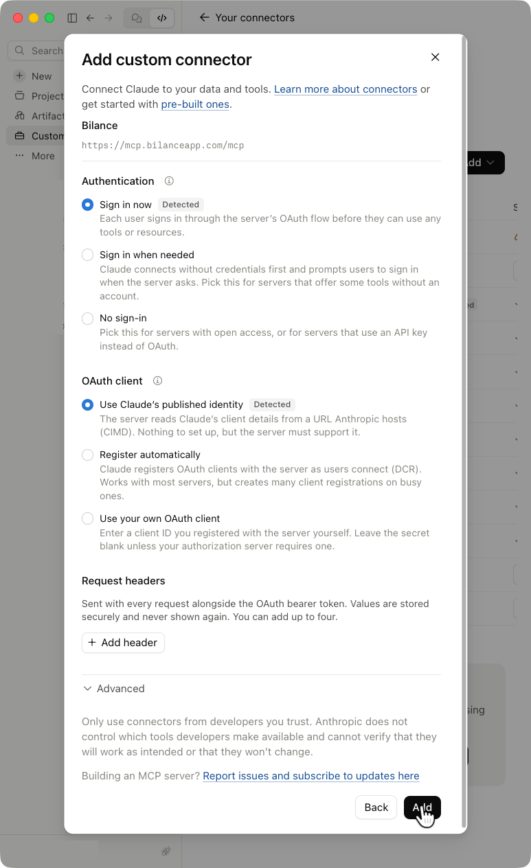 Claude's second Add custom connector screen with Authentication, OAuth client, Request headers and Advanced options, and a hand on the Add button.